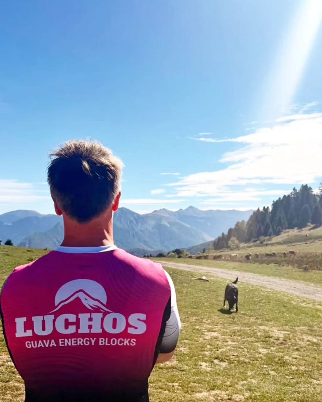 Cyclist in a Luchos jersey looking out over the mountains