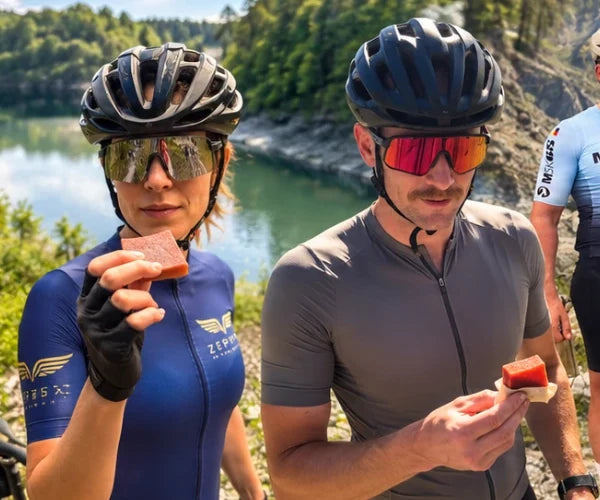 Two cyclists eating Luchos energy blocks by a mountain lake